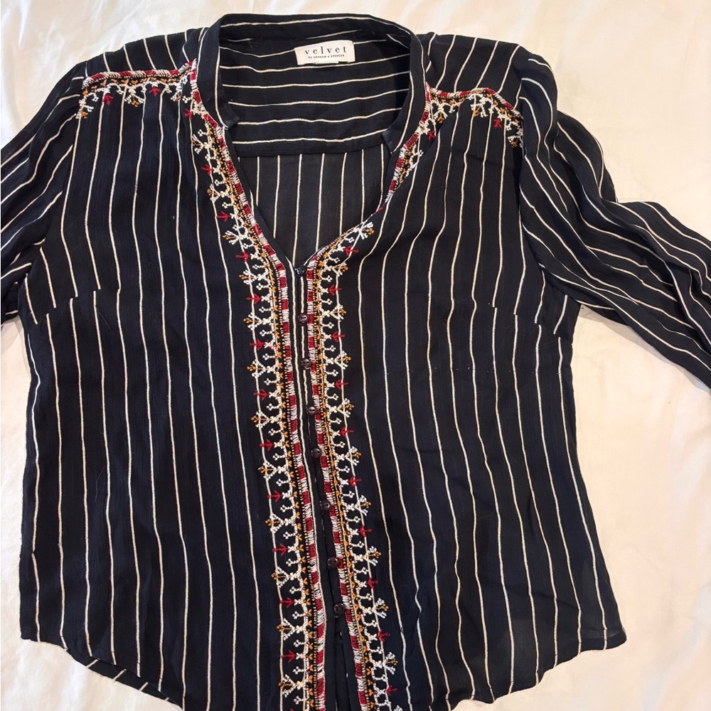 Velvet by Graham & Spencer Navy Striped Embroidered Button-Down Blouse